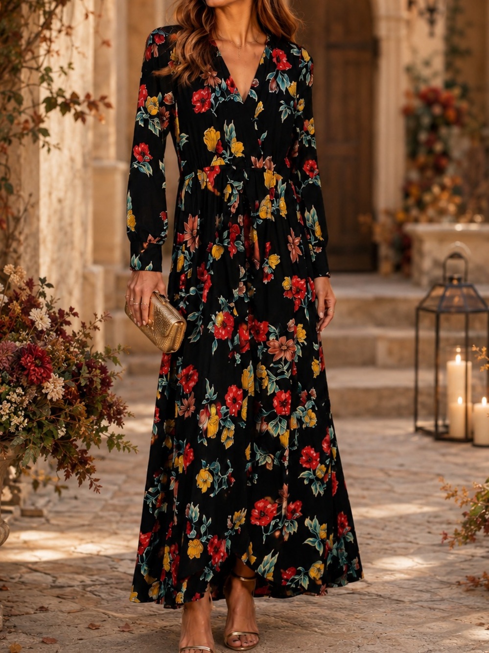 Unique Floral Long Sleeve Maxi Dress Mod 70s Size M Autumn Wedding Soft Girl